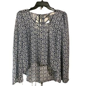 Blu Pepper Sheer Blue/White Geometric Blouse High/Low Hem Bell Sleeves  S